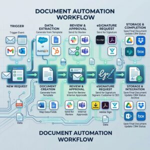 Document automation workflow showing request, document creation, review, e-signature, and storage steps